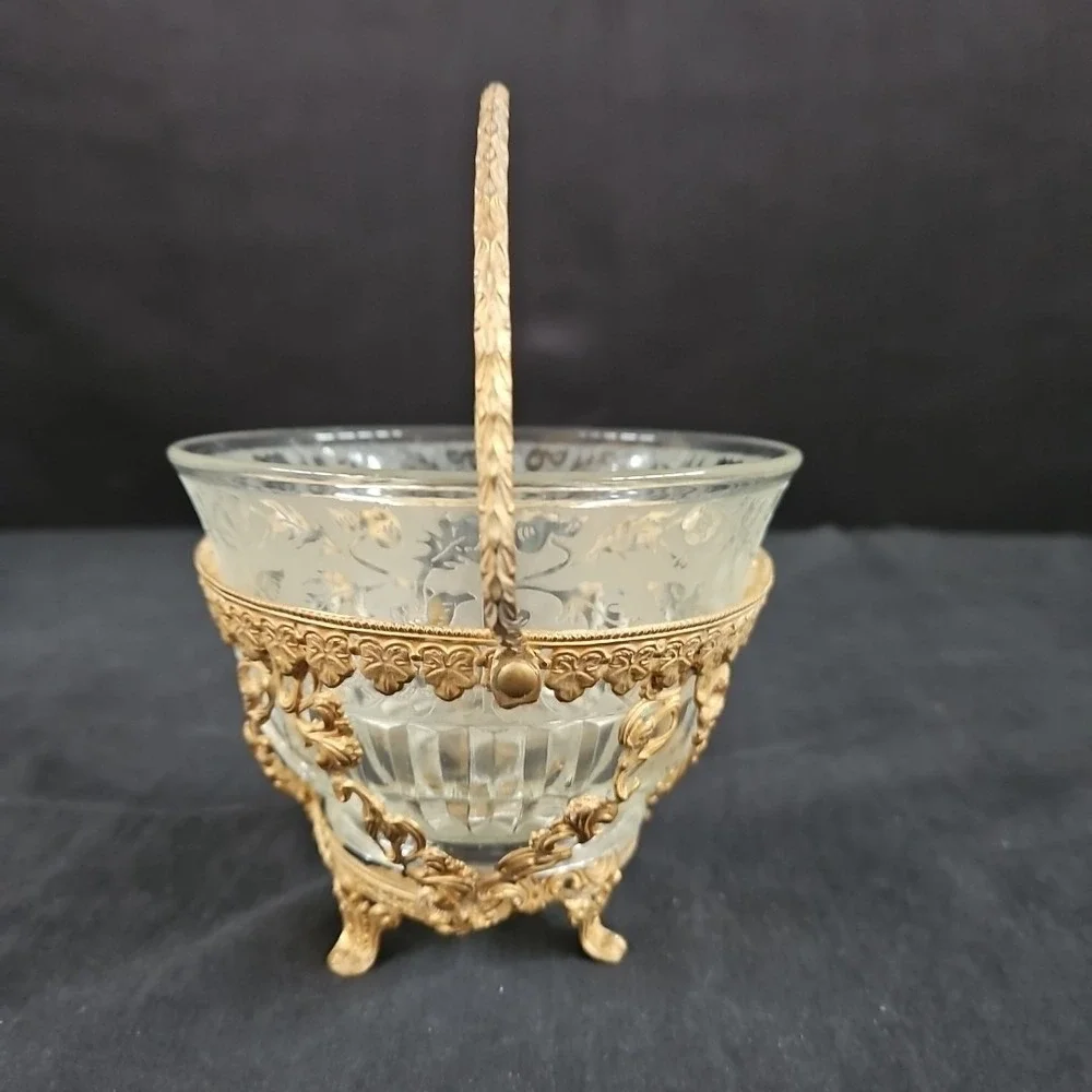 Vintage Gold‎ Plated Basket Holder and Decorative Glass Bowl 4 3/4